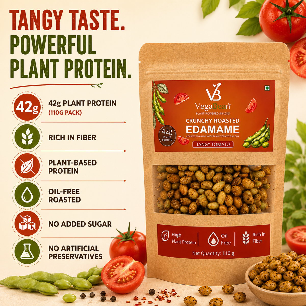 VegaBean Roasted Edamame – Tangy Tomato (110g)